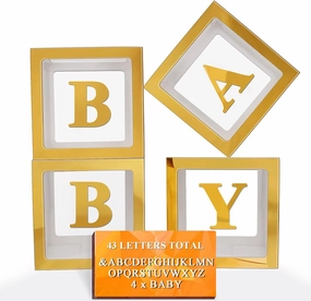 Ledido Gold Baby Boxes with Letters for Baby Shower, 4Pcs Clear Balloon Boxes with 43 Letters for Gender Reveal Birthday Wedding Baby Shower Decorations