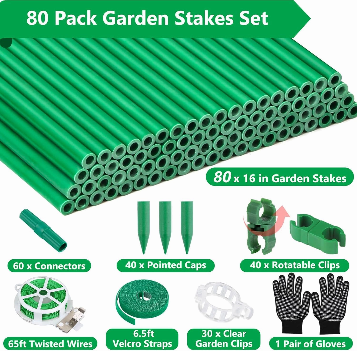 Lezmarket 80 Pack Garden Stakes(16" Each), Plant Support Stakes, DIY 4ft 5ft 6ft 7ft Sturdy Fiberglass Plant Sticks Support Garden Trellis for Growing Climbing Tomato Vegetables Flowers