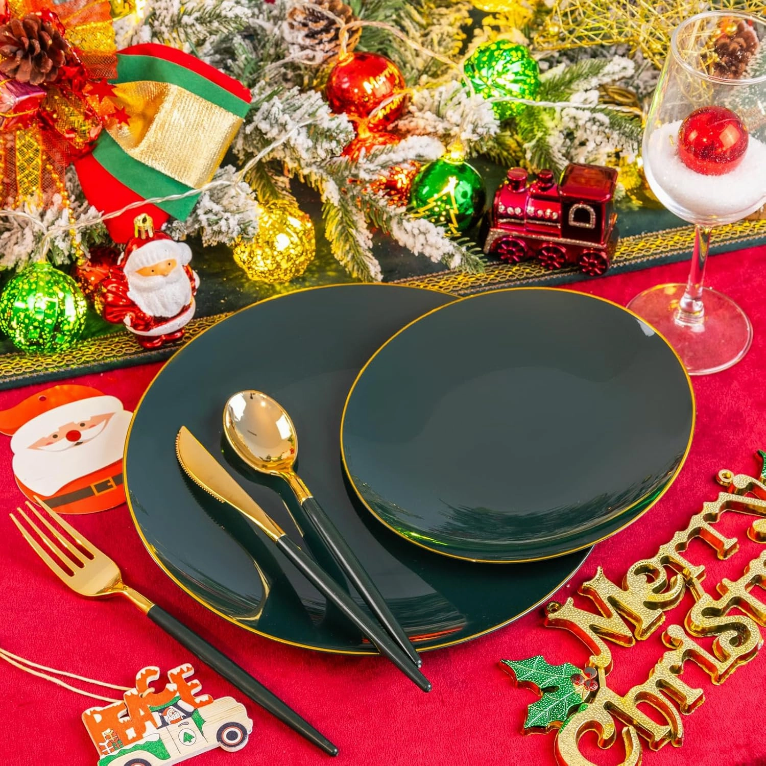 Liacere 150PCS Green Plastic Plates - Gold Plastic Silverware with Green Handle - Disposable Plates Include 30 Guests Plates, Forks, Spoons, Knives for Father's Day&Independence Day