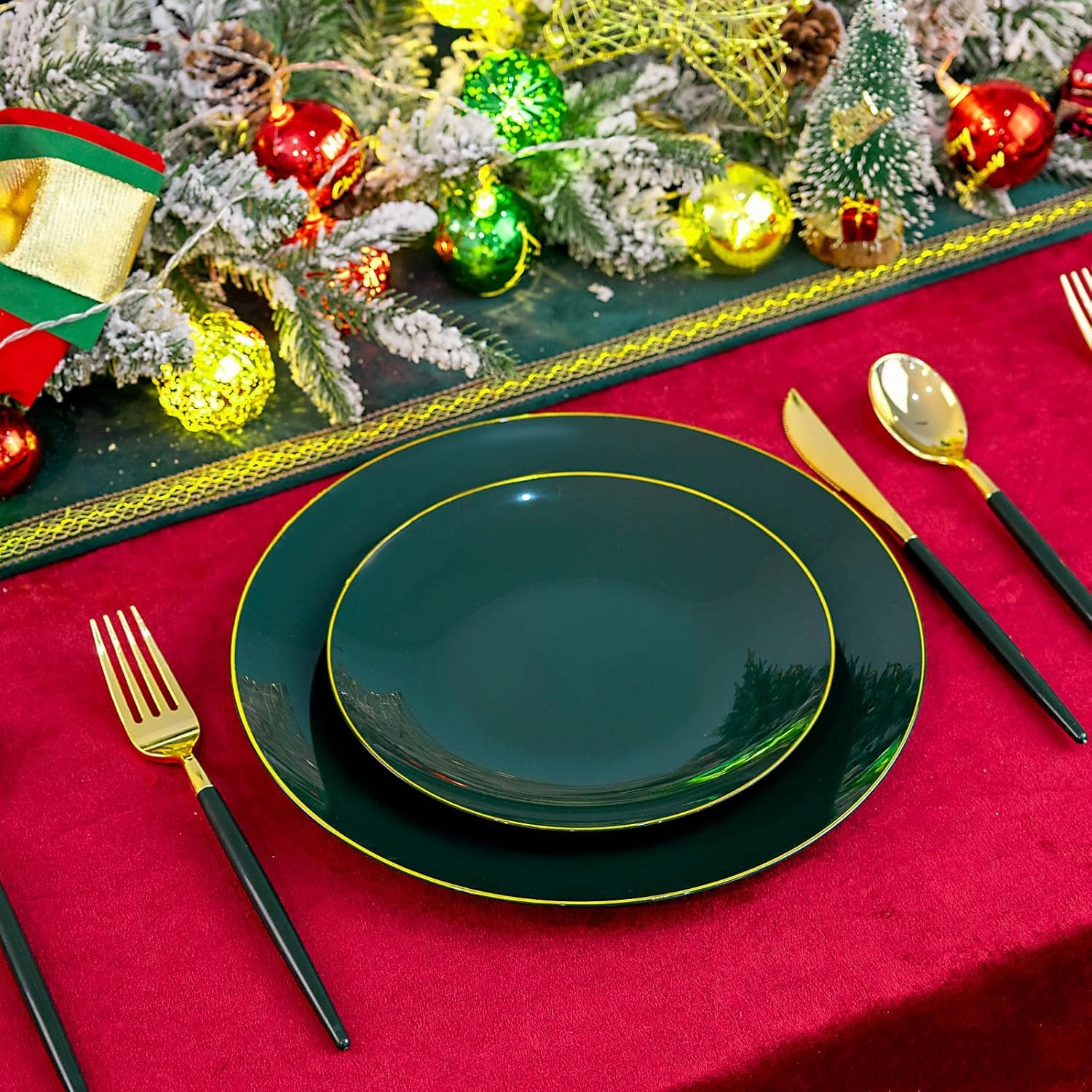 Liacere 150PCS Green Plastic Plates - Gold Plastic Silverware with Green Handle - Disposable Plates Include 30 Guests Plates, Forks, Spoons, Knives for Father's Day&Independence Day