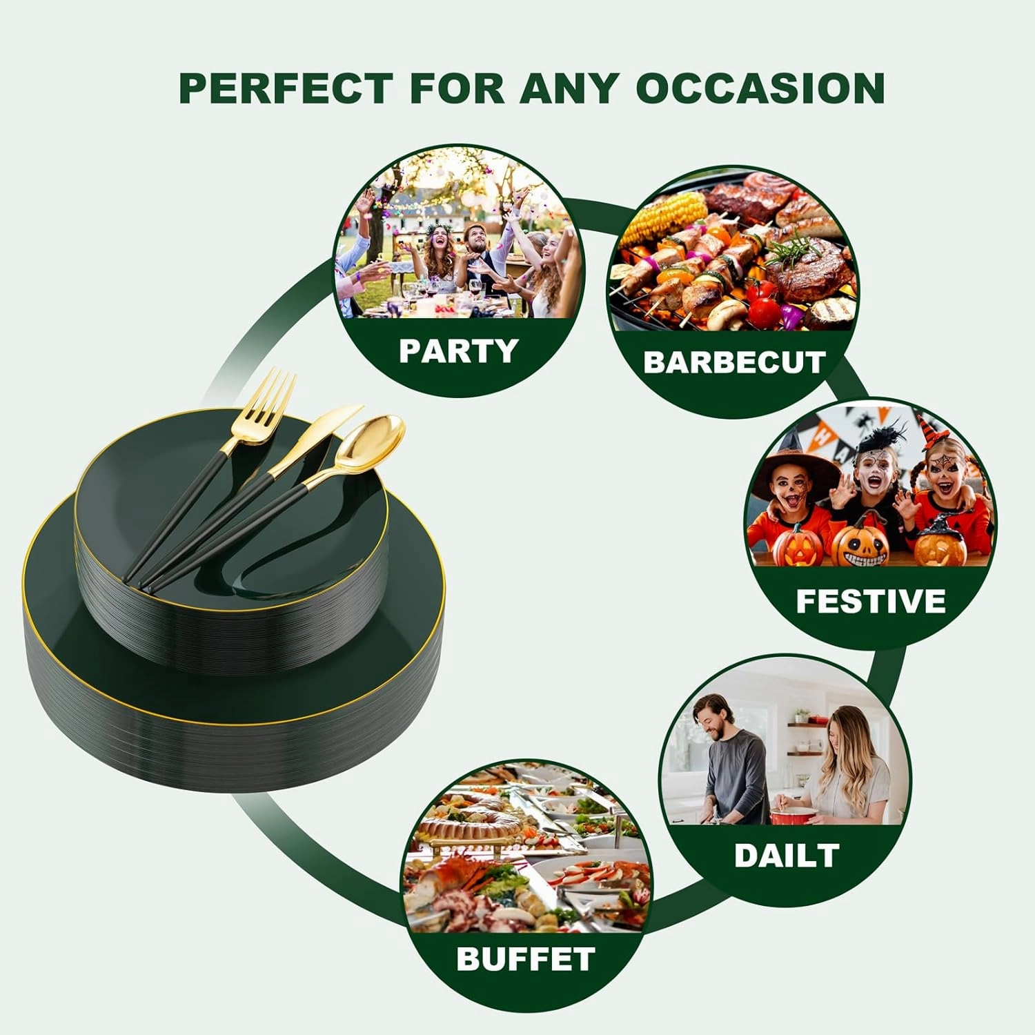 Liacere 150PCS Green Plastic Plates - Gold Plastic Silverware with Green Handle - Disposable Plates Include 30 Guests Plates, Forks, Spoons, Knives for Father's Day&Independence Day