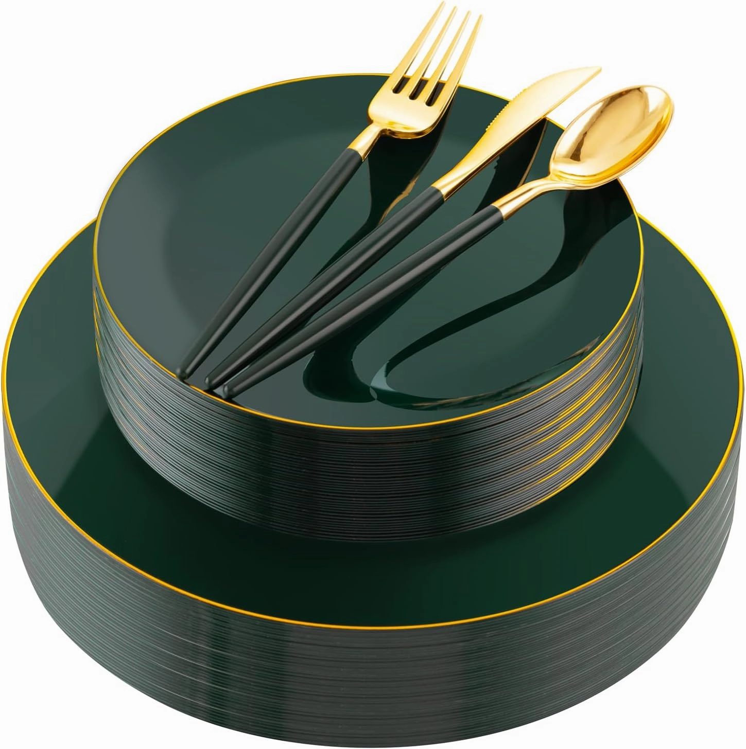 Liacere 150PCS Green Plastic Plates - Gold Plastic Silverware with Green Handle - Disposable Plates Include 30 Guests Plates, Forks, Spoons, Knives for Father's Day&Independence Day