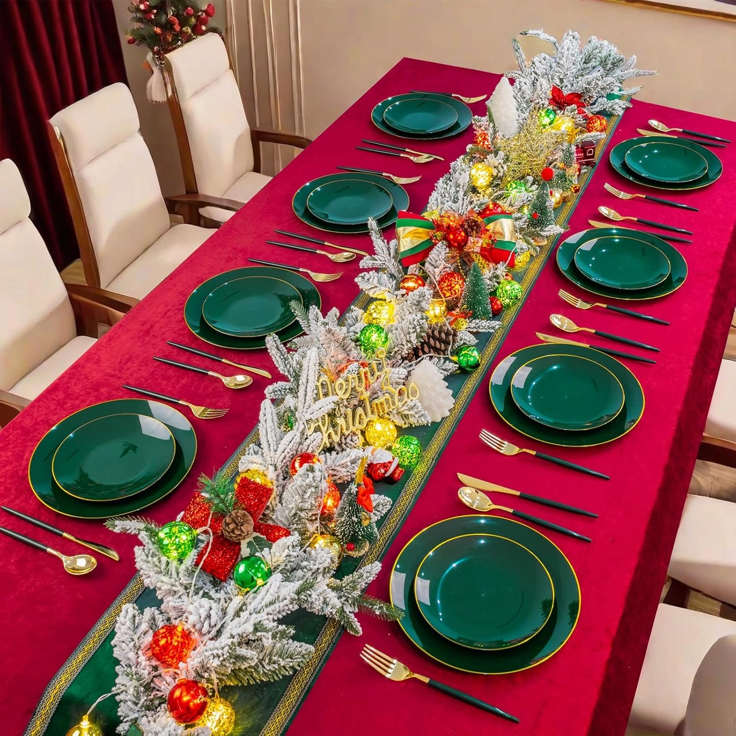 Liacere 150PCS Green Plastic Plates - Gold Plastic Silverware with Green Handle - Disposable Plates Include 30 Guests Plates, Forks, Spoons, Knives for Father's Day&Independence Day