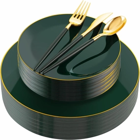 Liacere 150PCS Green Plastic Plates - Gold Plastic Silverware with Green Handle - Disposable Plates Include 30 Guests Plates, Forks, Spoons, Knives for Father's Day&Independence Day
