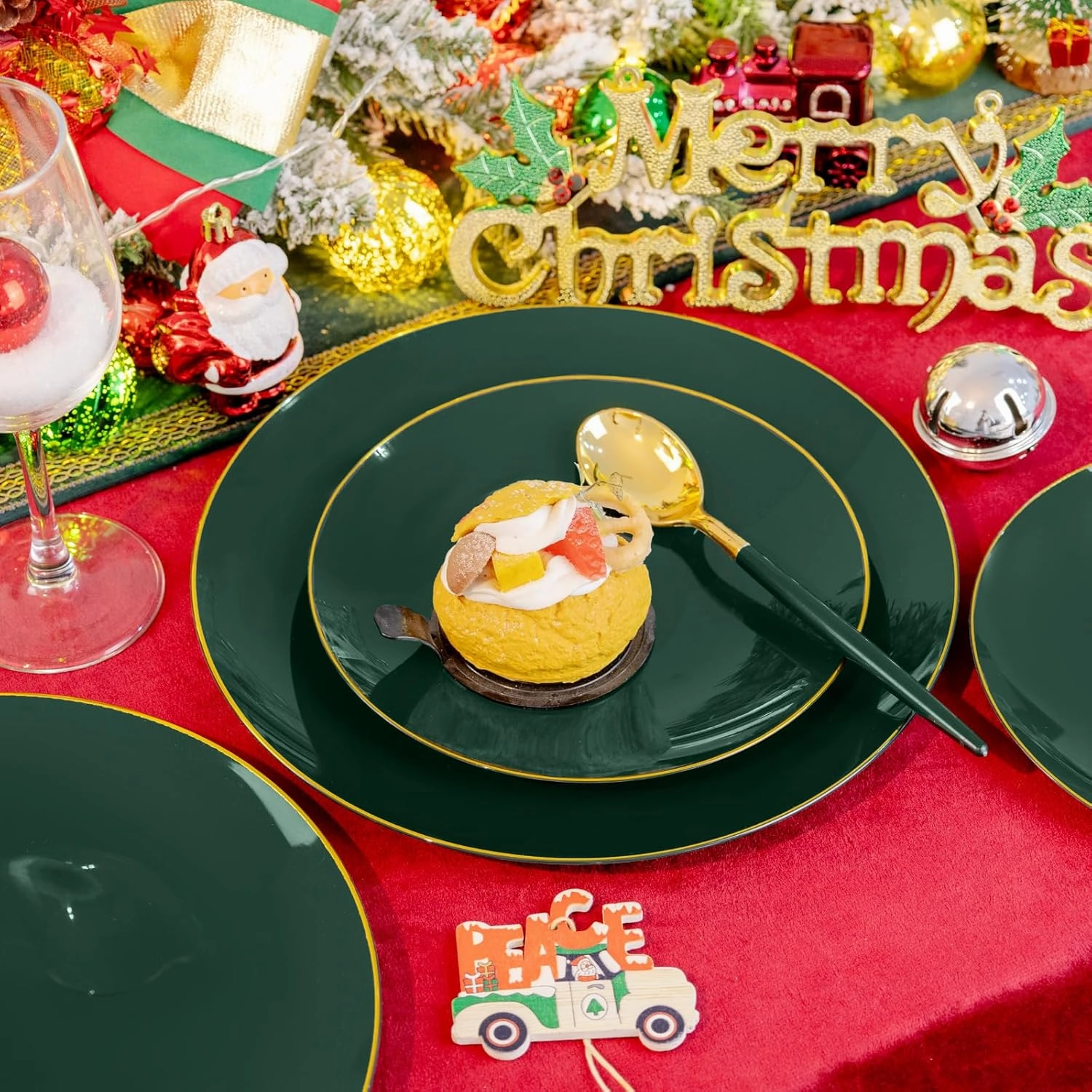 Liacere 150PCS Green Plastic Plates - Gold Plastic Silverware with Green Handle - Disposable Plates Include 30 Guests Plates, Forks, Spoons, Knives for Father's Day&Independence Day