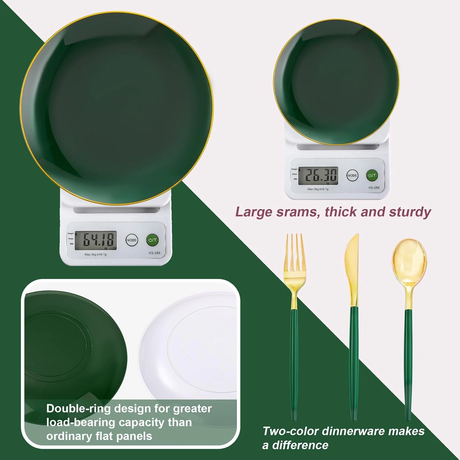 Liacere 150PCS Green Plastic Plates - Gold Plastic Silverware with Green Handle - Disposable Plates Include 30 Guests Plates, Forks, Spoons, Knives for Father's Day&Independence Day