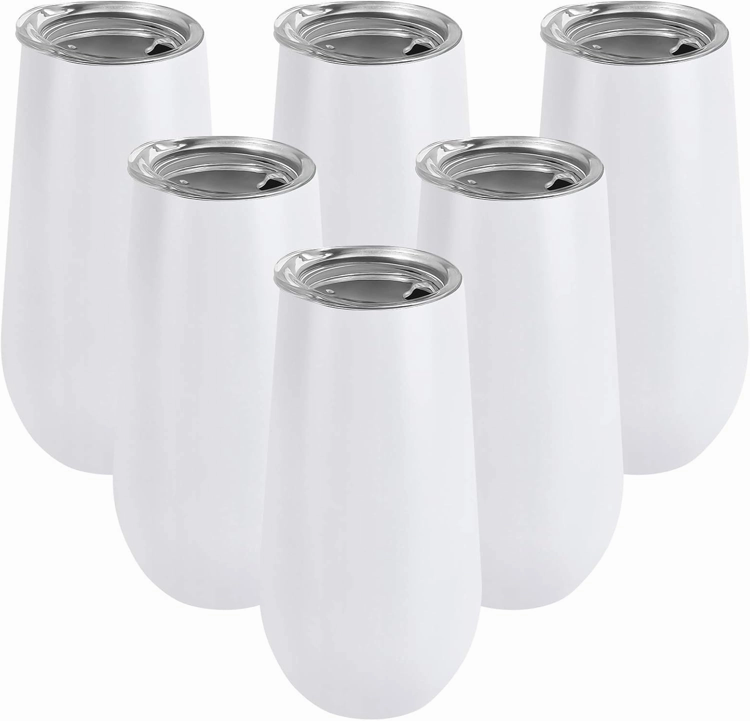 Lifecapido 6 Pack Stemless Double Insulated Champagne Flute Tumbler with Lid, 6 Oz Unbreakable Reusable Cocktail Champagne Toasting Glasses, Good Gift for Friends Family Christmas Birthday, White