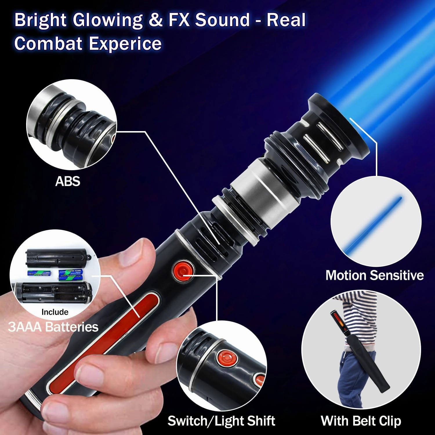 Light Up Saber for Kids, Blue Light Swords with FX Sound, Expandable Light Swords Set for Galaxy War Fighter Warriors Halloween Dress Up Parties (with Belt Clip)