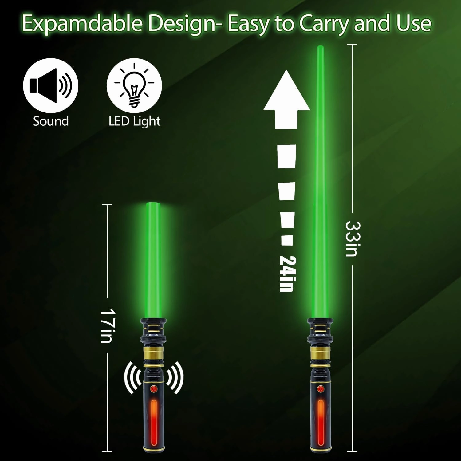 Light Up Saber for Kids, Green Light Swords with FX Sound, Expandable Light Swords Set for Galaxy War Fighter Warriors, Halloween Dress Up Parties (with Belt Clip)