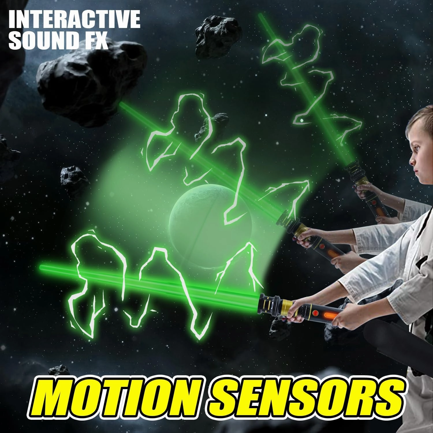 Light Up Saber for Kids, Green Light Swords with FX Sound, Expandable Light Swords Set for Galaxy War Fighter Warriors, Halloween Dress Up Parties (with Belt Clip)