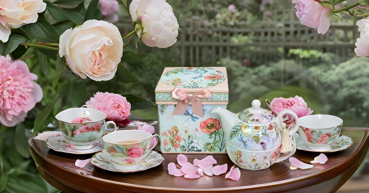 Lightahead Bone China Tea for One Set in Floral Design, in attractive Reusable Handmade Gift Box (With Ribbon)
