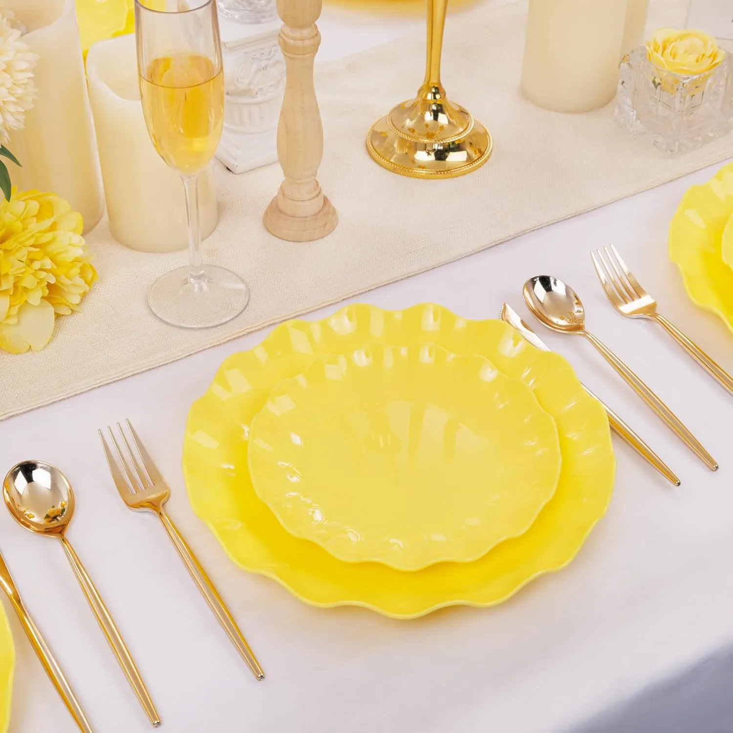 LIYH 24pcs Yellow Plastic Plates Reusable,Unbreakable Dinner Plates,Salad Plate,Microwave & Dishwasher Safe,Plate Sets Perfect for Parties,Birthday,Picnics(12guests)