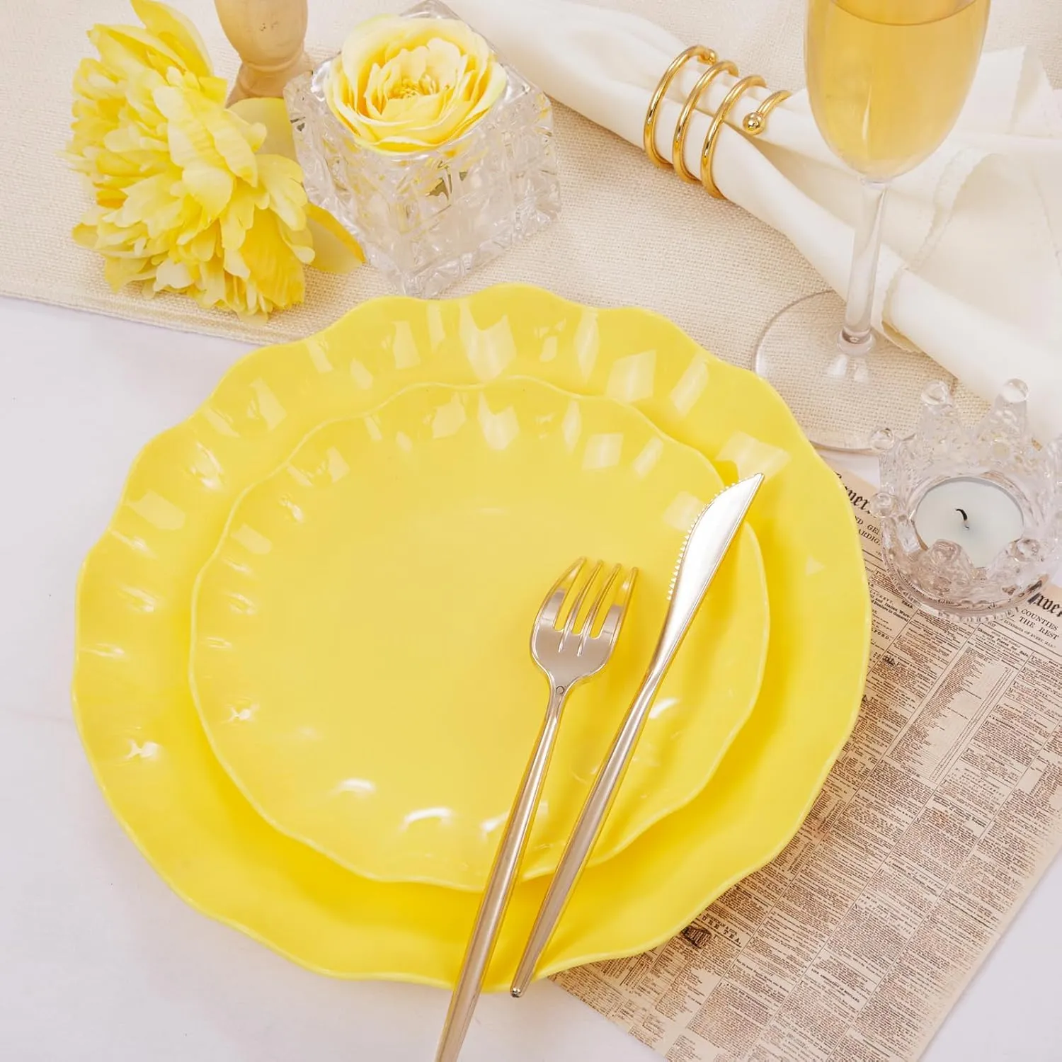 LIYH 24pcs Yellow Plastic Plates Reusable,Unbreakable Dinner Plates,Salad Plate,Microwave & Dishwasher Safe,Plate Sets Perfect for Parties,Birthday,Picnics(12guests)