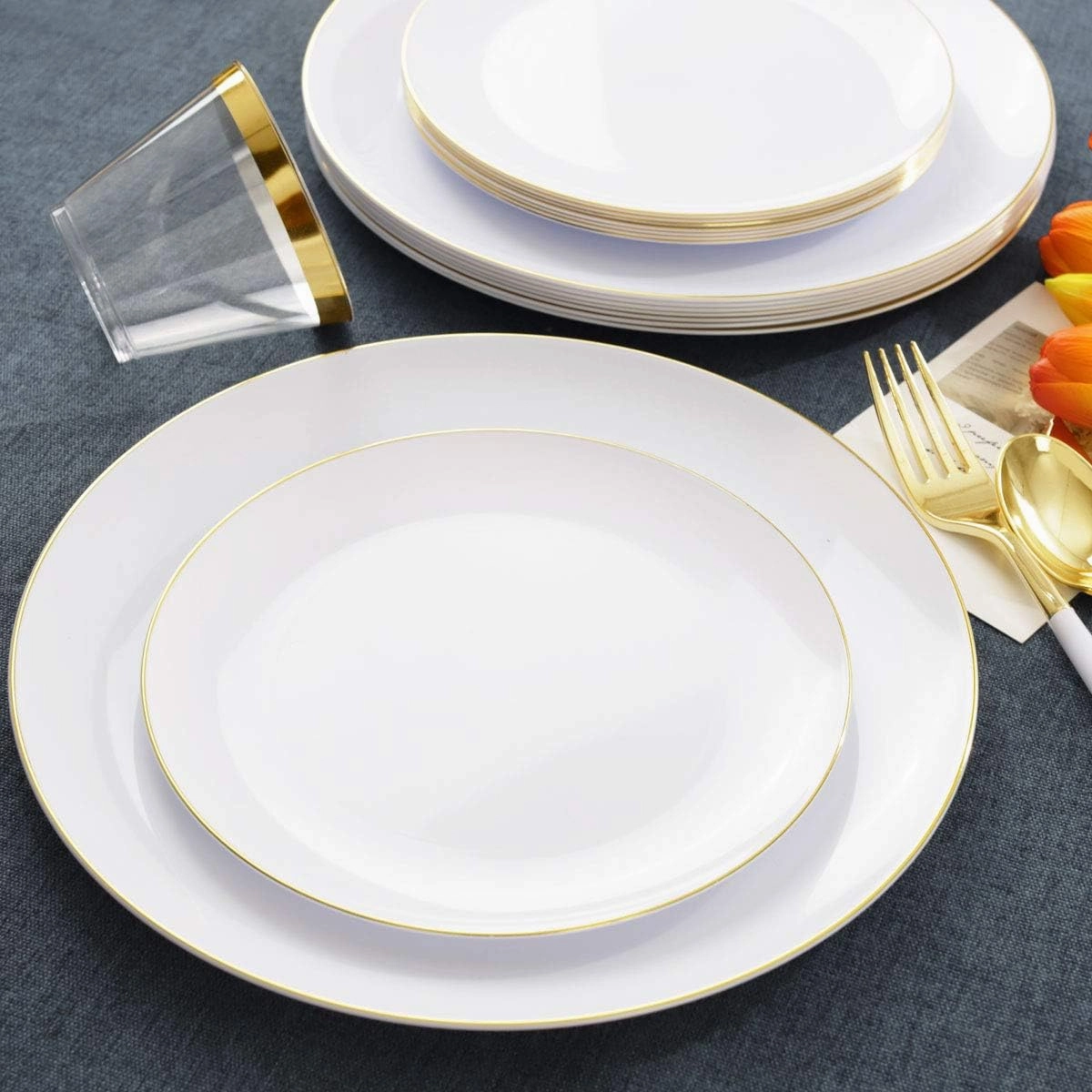 LIYH 180 Pcs Gold Plastic Dinnerware Set - White Plastic Plates with Gold Rim, Disposable Utensils with White Handle, Solo Cups Suit for Wedding Party Birthday 30 Guests
