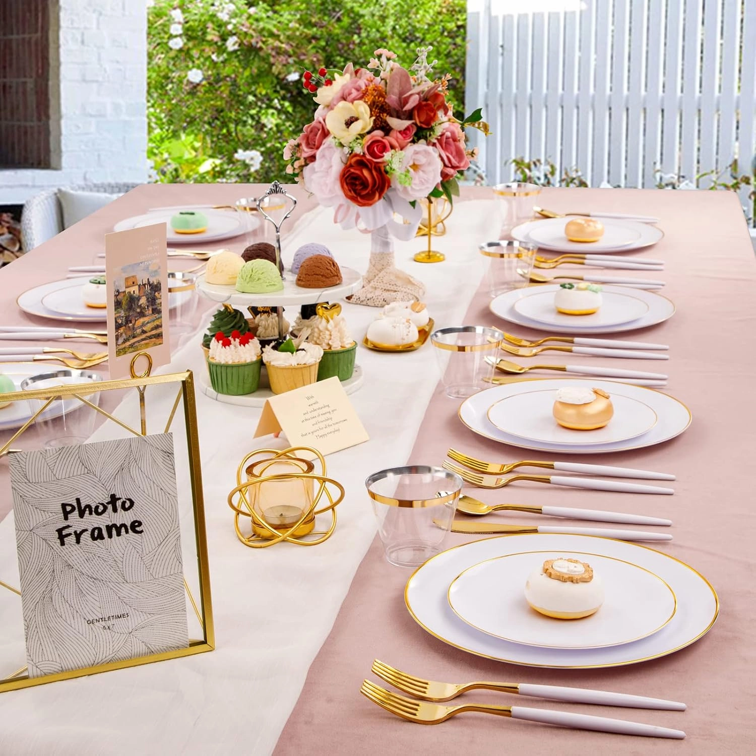 LIYH 180 Pcs Gold Plastic Dinnerware Set - White Plastic Plates with Gold Rim, Disposable Utensils with White Handle, Solo Cups Suit for Wedding Party Birthday 30 Guests
