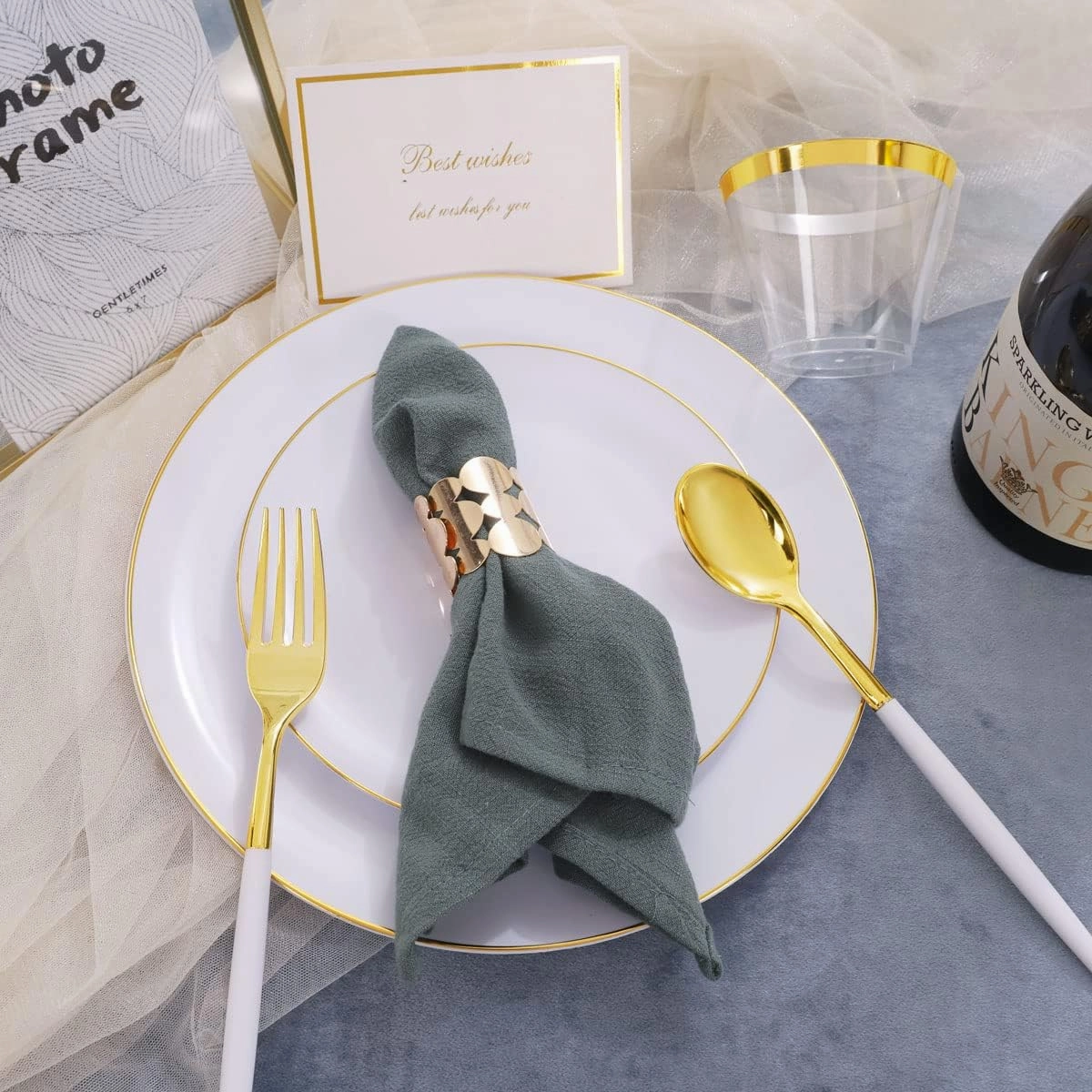 LIYH 180 Pcs Gold Plastic Dinnerware Set - White Plastic Plates with Gold Rim, Disposable Utensils with White Handle, Solo Cups Suit for Wedding Party Birthday 30 Guests