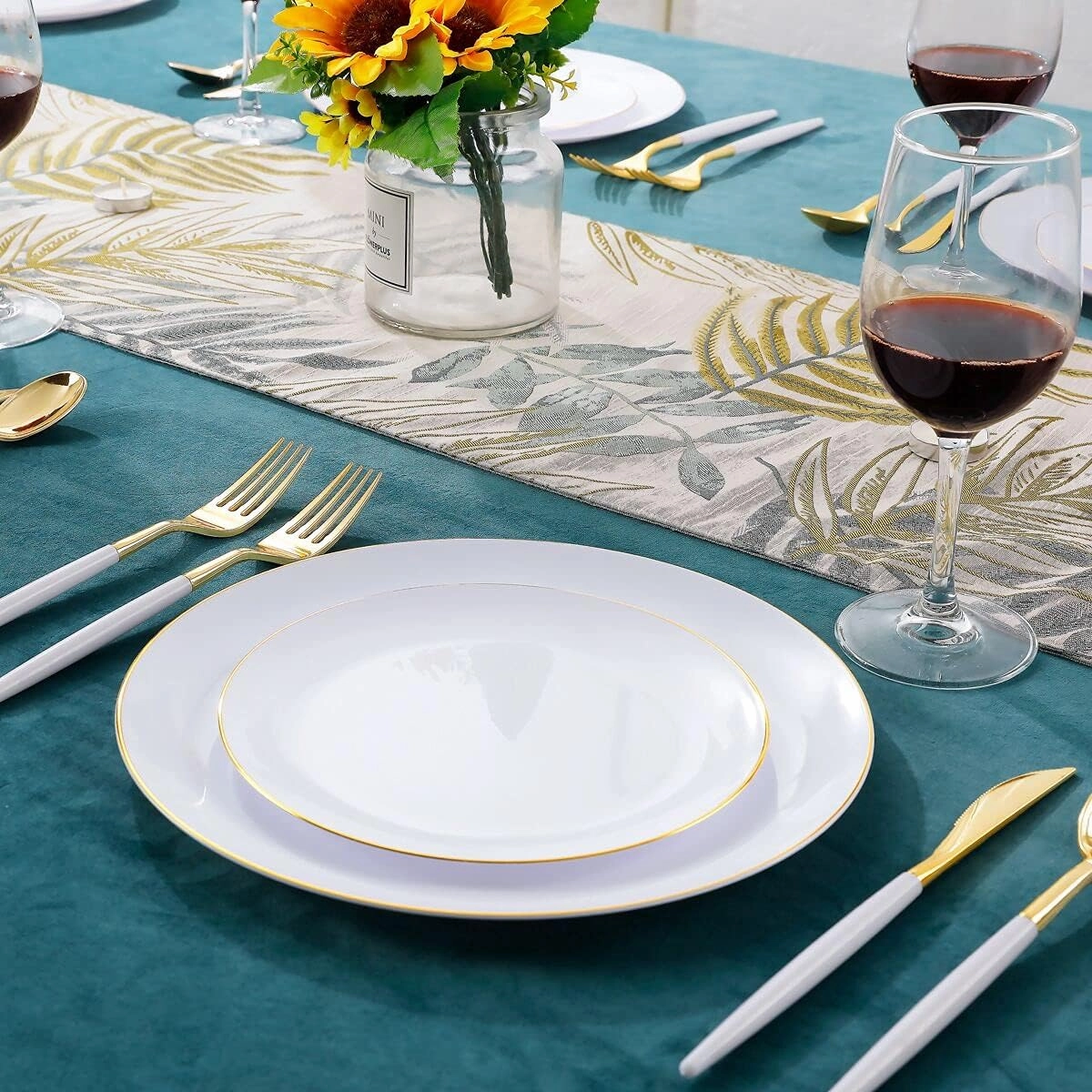 LIYH 180 Pcs Gold Plastic Dinnerware Set - White Plastic Plates with Gold Rim, Disposable Utensils with White Handle, Solo Cups Suit for Wedding Party Birthday 30 Guests