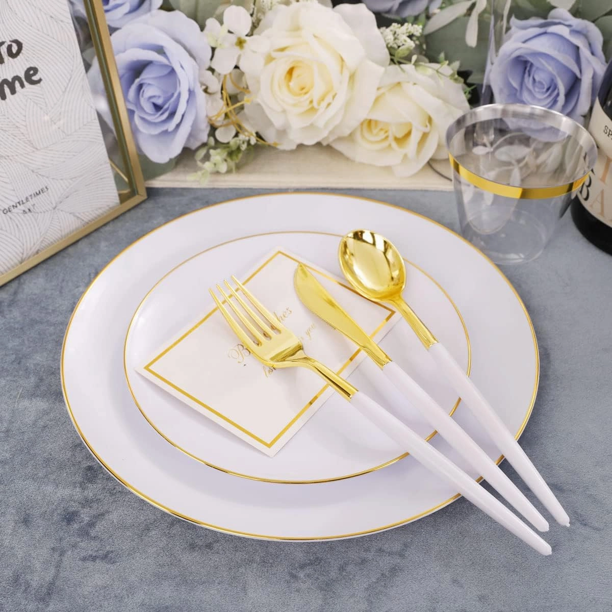 LIYH 180 Pcs Gold Plastic Dinnerware Set - White Plastic Plates with Gold Rim, Disposable Utensils with White Handle, Solo Cups Suit for Wedding Party Birthday 30 Guests