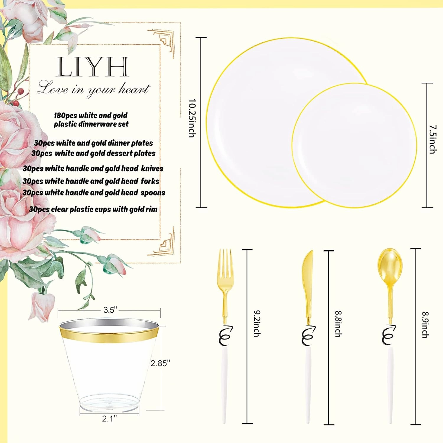 LIYH 180 Pcs Gold Plastic Dinnerware Set - White Plastic Plates with Gold Rim, Disposable Utensils with White Handle, Solo Cups Suit for Wedding Party Birthday 30 Guests
