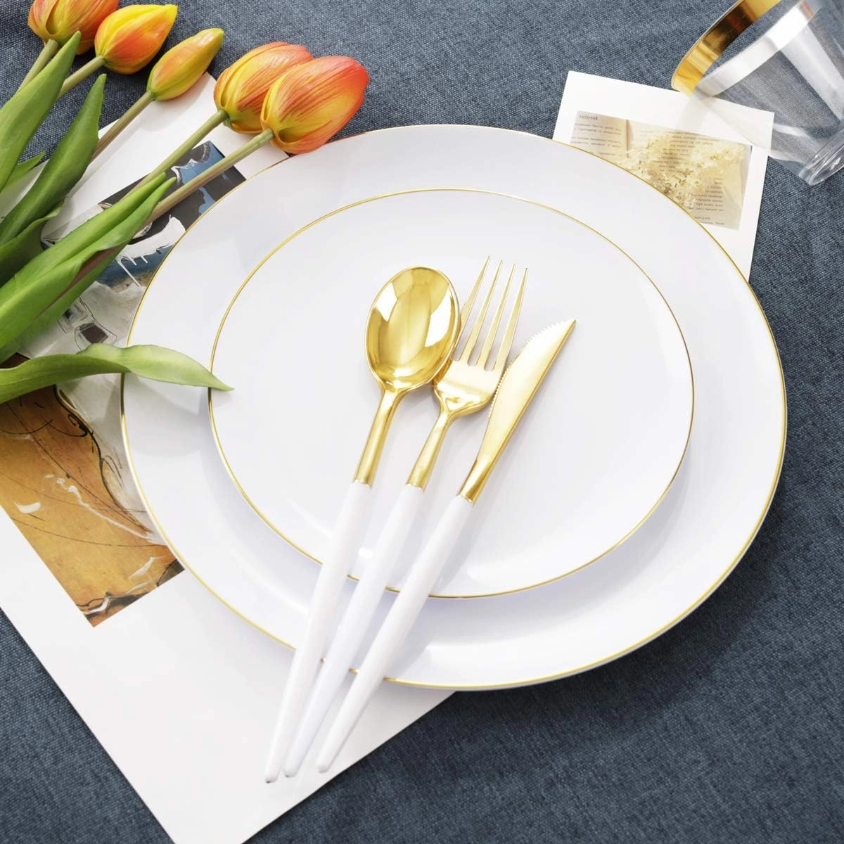 LIYH 180 Pcs Gold Plastic Dinnerware Set - White Plastic Plates with Gold Rim, Disposable Utensils with White Handle, Solo Cups Suit for Wedding Party Birthday 30 Guests