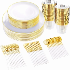 LIYH 180 Pcs Gold Plastic Dinnerware Set - White Plastic Plates with Gold Rim, Disposable Utensils with White Handle, Solo Cups Suit for Wedding Party Birthday 30 Guests