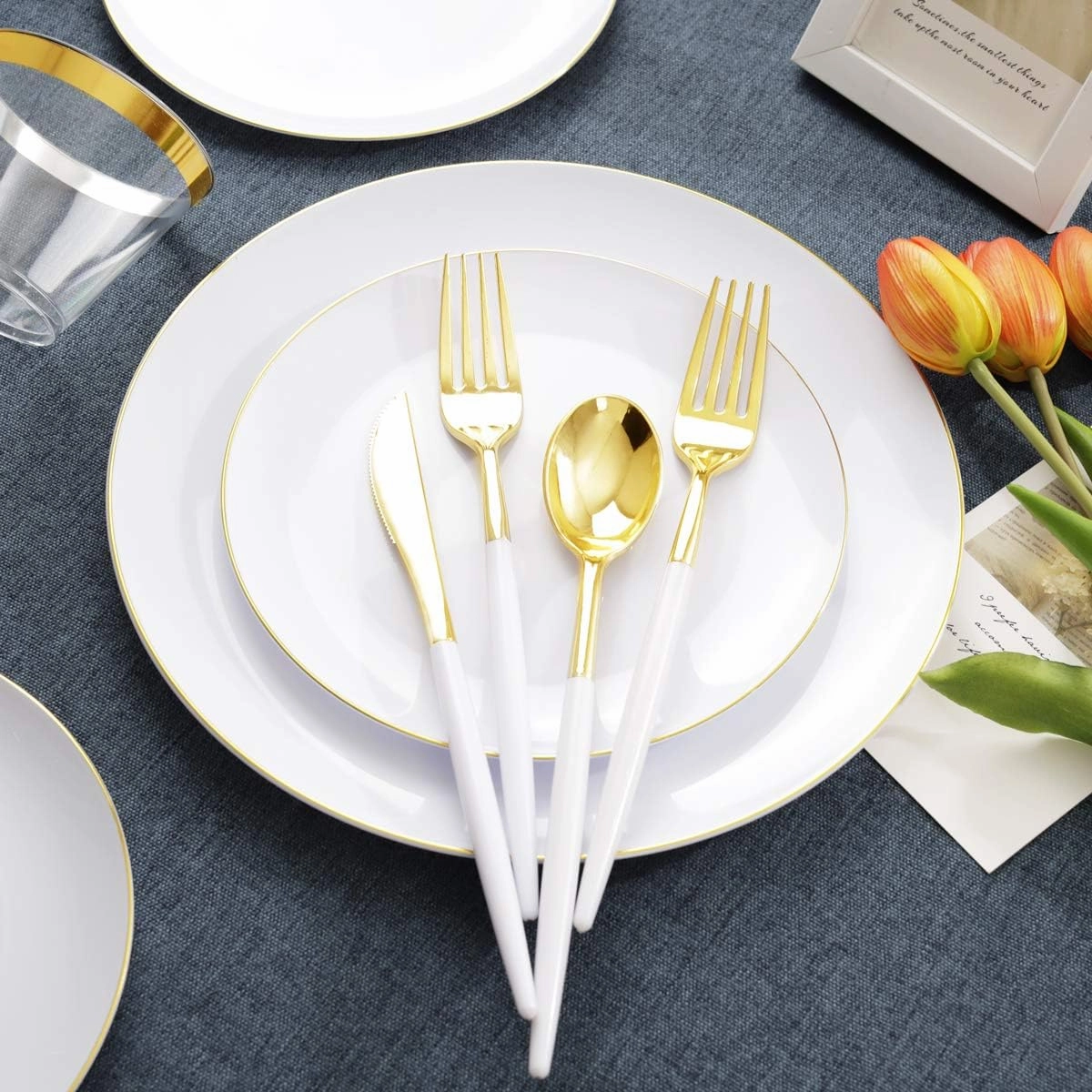 LIYH 180 Pcs Gold Plastic Dinnerware Set - White Plastic Plates with Gold Rim, Disposable Utensils with White Handle, Solo Cups Suit for Wedding Party Birthday 30 Guests