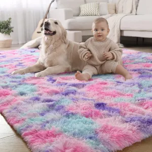 LOCHAS Luxury Fluffy Rainbow Area Rug for Girls Bedroom 3x5, Soft Fuzzy Kids Rugs for Bedroom Boys Playroom, Cute Colorful Tie Dye Princess Carpet for Nursery Living Room Home Decor, Pink/Purple