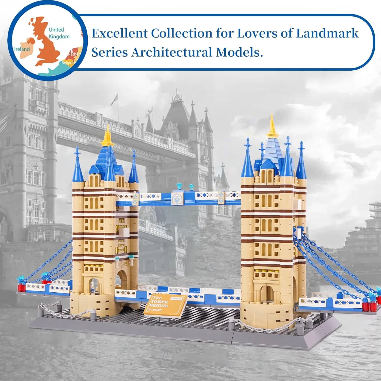 London's Tower Bridge Building Blocks Set, Regular Size Brick World History Architectural Model Kit, Landmark Collection Set Educational Toy for Kids and Adults, Gift Office Décor, 1052 PCS