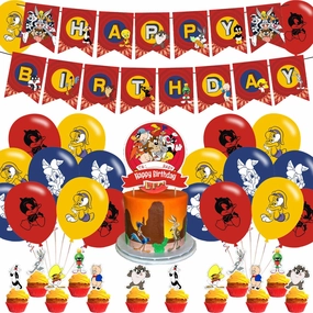 Looney Tunes Birthday Party Supplies - Banner, 18 Balloons, 12 Cupcake Toppers - Red, Yellow, Blue, Green Cartoon Theme