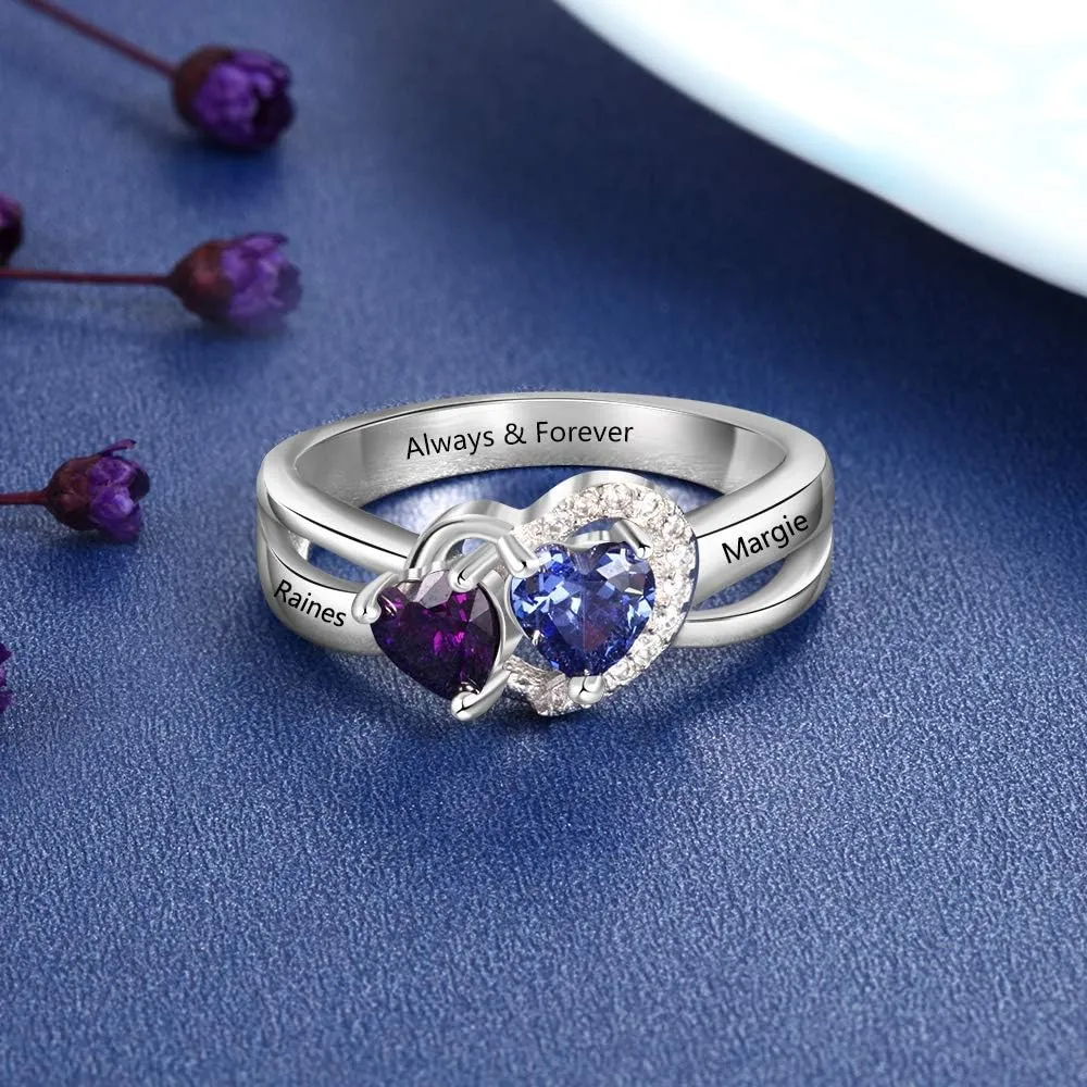 Love Heart Promise Rings for Her with 2 Simulated Birthstone Personalized Wedding Engagement Bands Custom Names Jewelry