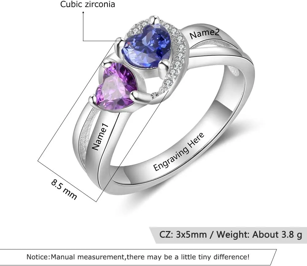 Love Heart Promise Rings for Her with 2 Simulated Birthstone Personalized Wedding Engagement Bands Custom Names Jewelry