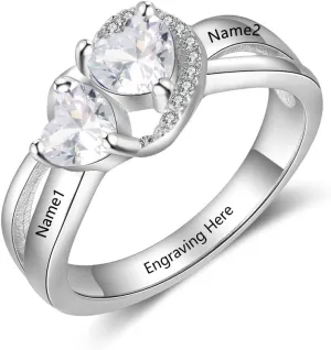 Love Heart Promise Rings for Her with 2 Simulated Birthstone Personalized Wedding Engagement Bands Custom Names Jewelry
