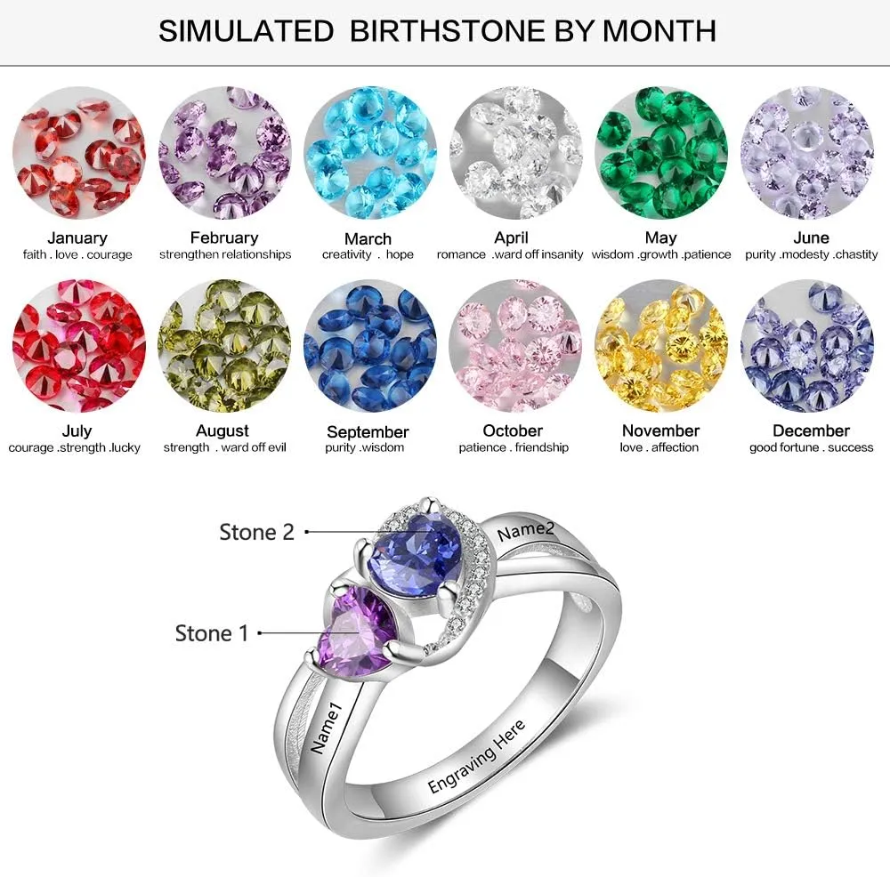Love Heart Promise Rings for Her with 2 Simulated Birthstone Personalized Wedding Engagement Bands Custom Names Jewelry