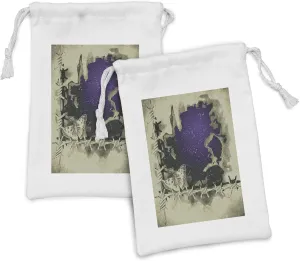 Lunarable Barbed Wire Fabric Pouch Set of 2, Vintage Syle Butterfly and Grunge Old Rough Night Sky Vintage Print, Small Drawstring Bag for Toiletries Masks and Favors, 9" x 6", Pale Khaki Quartz