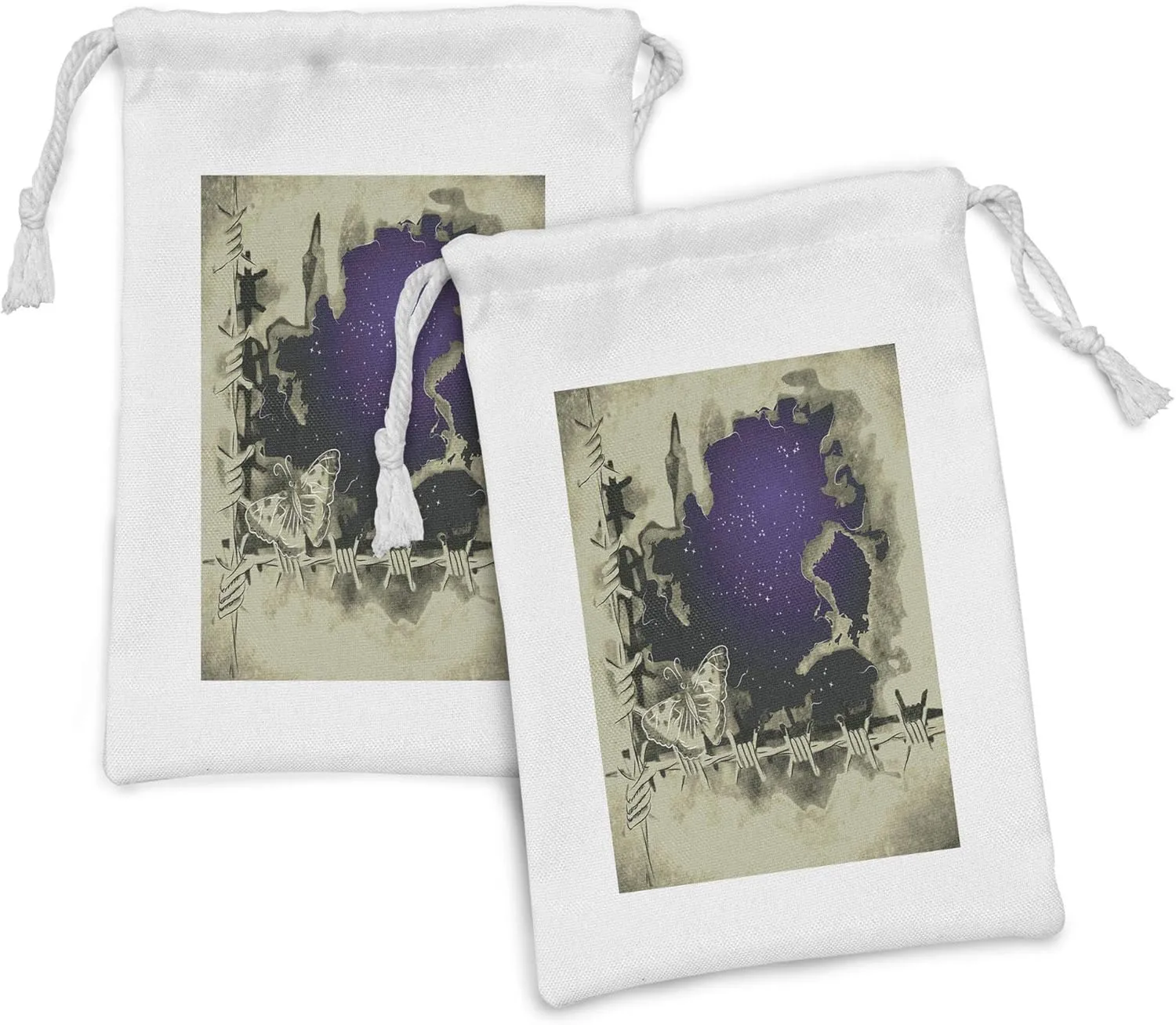 Lunarable Barbed Wire Fabric Pouch Set of 2, Vintage Syle Butterfly and Grunge Old Rough Night Sky Vintage Print, Small Drawstring Bag for Toiletries Masks and Favors, 9" x 6", Pale Khaki Quartz