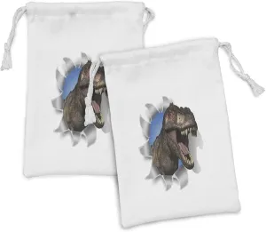 Lunarable Jurassic Fabric Pouch Set of 2, Tyrannosaurus Rex Pokes Head Through Paper Wall Dinosaurs Extinct Large, Small Drawstring Bag for Toiletries Masks and Favors, 9" x 6", Seal Brown White