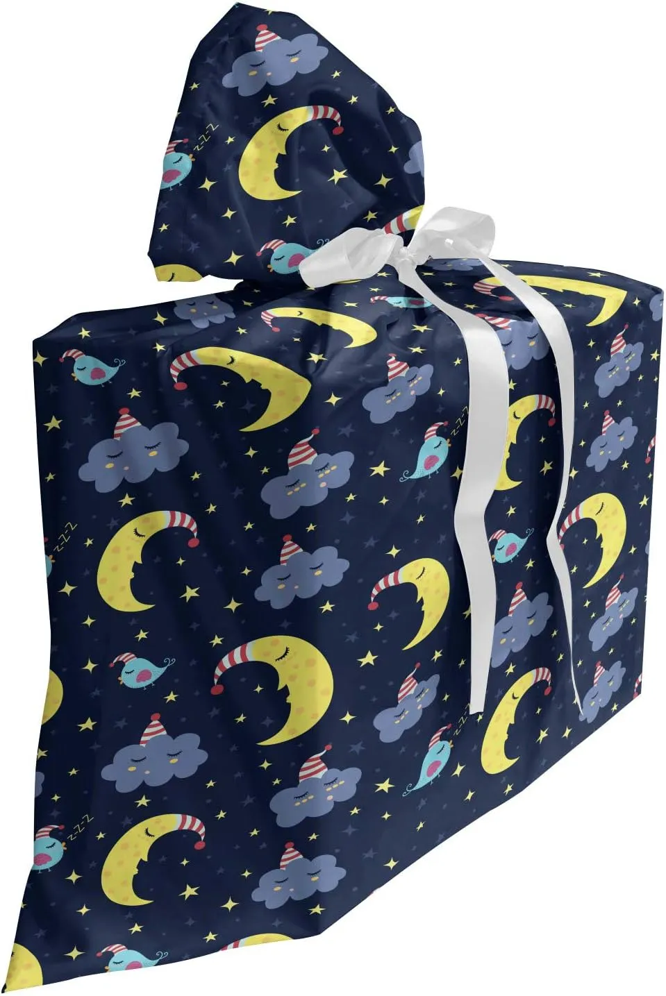 Lunarable Sky Fabric Gift Bag, Night Theme with Crescent Moon Sleepy Clouds and Stars Bedtime Bird Characters, Present Sack for Parties Birthdays with 3 Ribbons, 27, Multicolor
