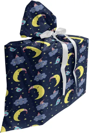 Lunarable Sky Fabric Gift Bag, Night Theme with Crescent Moon Sleepy Clouds and Stars Bedtime Bird Characters, Present Sack for Parties Birthdays with 3 Ribbons, 27, Multicolor