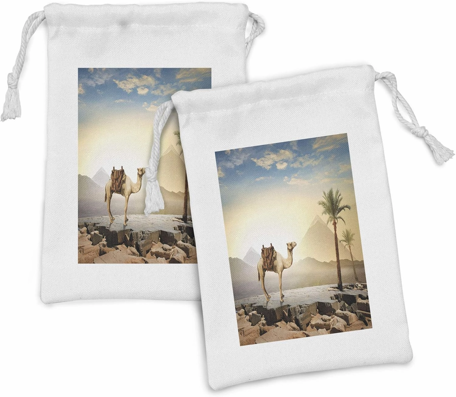 Lunarable Camel Fabric Pouch Set of 2, Real Image Egyptian Setting Drought Attraction Touristic Destinations in the East, Small Drawstring Bag for Toiletries Masks and Favors, 9" x 6", Multicolor