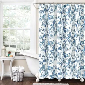 Lush Decor Dolores Shower Curtain, 72" W x 72" L, Blue - Toile Shower Curtain - Bold Blue and White Shower Curtain - Bird & Floral Print - Maximalist & French Country Bathroom Decor