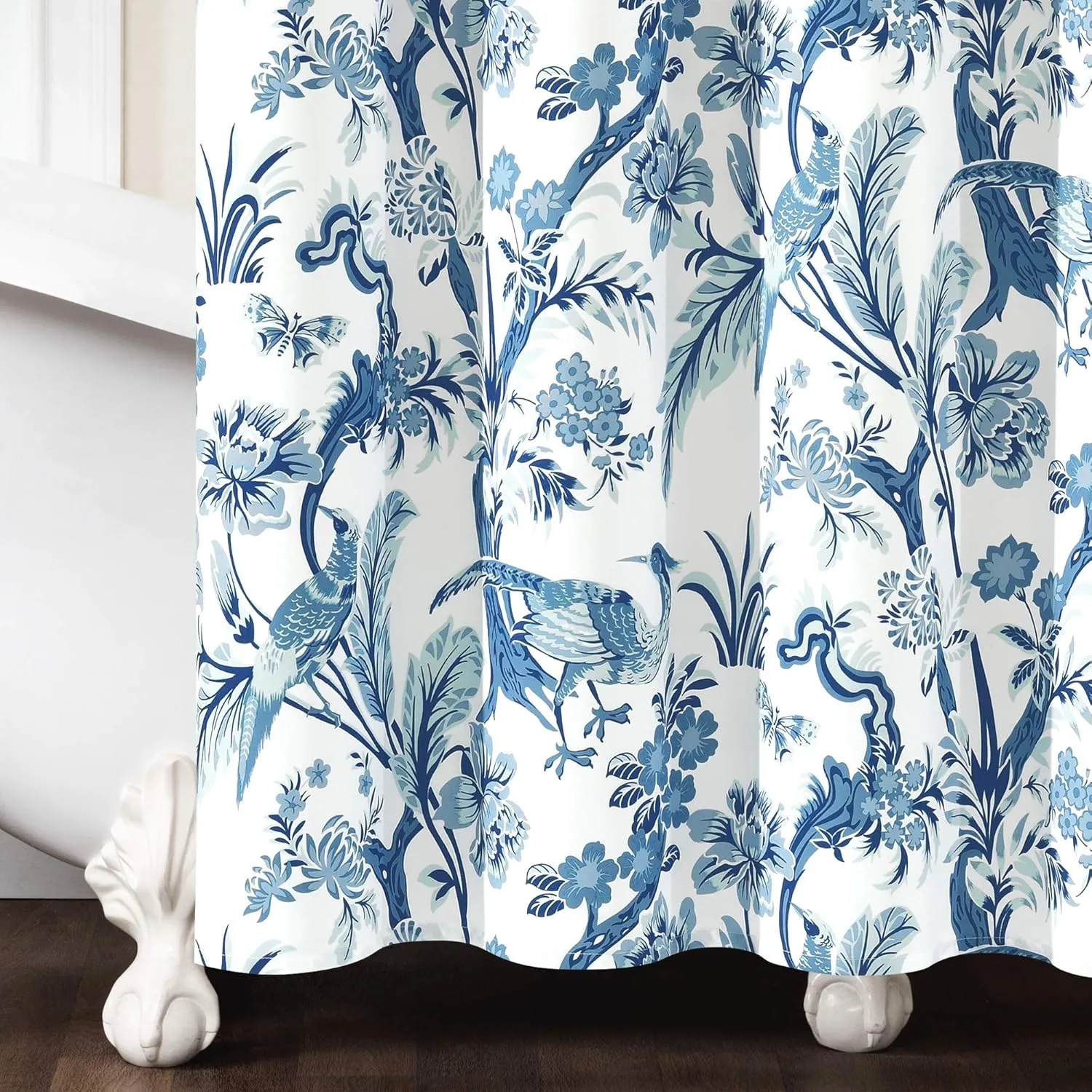 Lush Decor Dolores Shower Curtain, 72" W x 72" L, Blue - Toile Shower Curtain - Bold Blue and White Shower Curtain - Bird & Floral Print - Maximalist & French Country Bathroom Decor