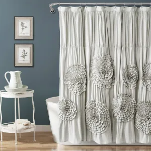 Lush Decor Serena Ruffle Shower Curtain, 72" W x 72" L, Light Gray - Beautiful Ruched Flower Design - Luxury Ruffle Curtain - Vintage Glam, Cottage & Farmhouse Bathroom Decor