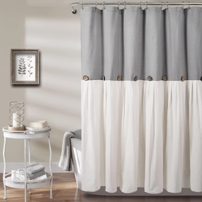 Lush Decor Linen Button Farmhouse Shower Curtain, 72" W x 78" L, Gray & Off White - Pleated Color Block Design With Coconut Button Detail - Farmhouse Style Bathroom Accessory