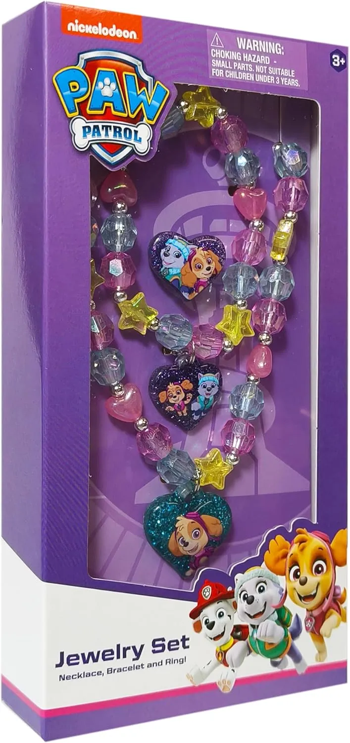 LUV HER Paw Patrol Girl's Jewelry Set - Dress up 3 Piece Toy Jewelry Box Set with Bead Necklace, Bracelet and Ring - Play Accessories - Ages 3 