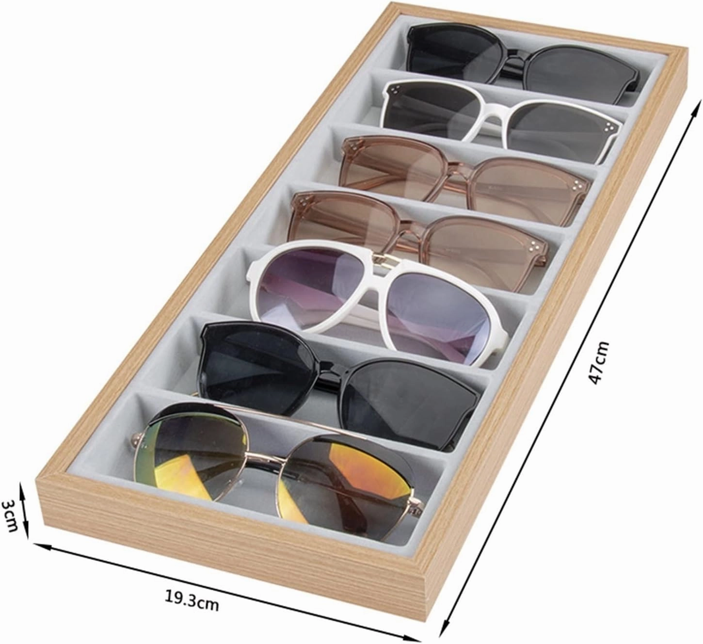 Luxe 7-Compartment Sunglasses Organizer - Wooden Velvet-Lined Jewelry Display Case for Eyewear, Watches & Rings | Farmhouse Modern Home Decor & Gift(Inner Ash)
