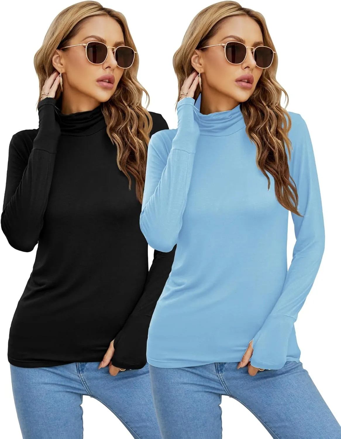LUYAA Women's Long Sleeve Turtleneck Lightweight Slim Active T Shirts Thumb Holes for Fall Spring Winter