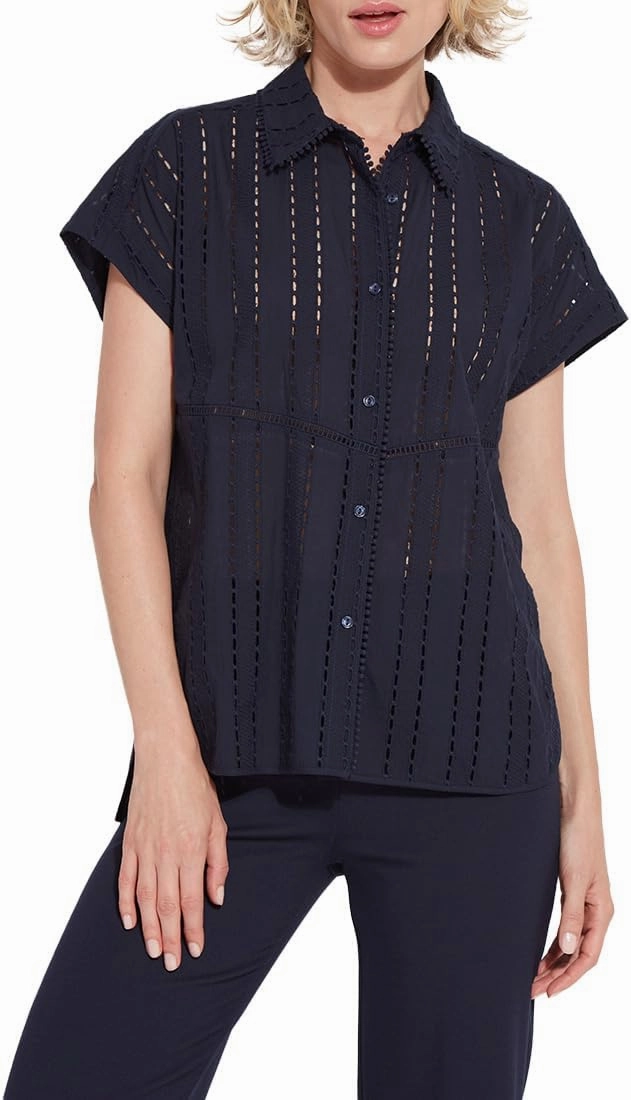 Lyssé Cornet Eyelet Blouse – Short Sleeve Button Down Shirt with Lightweight Cotton with Eyelet Embroidery Details