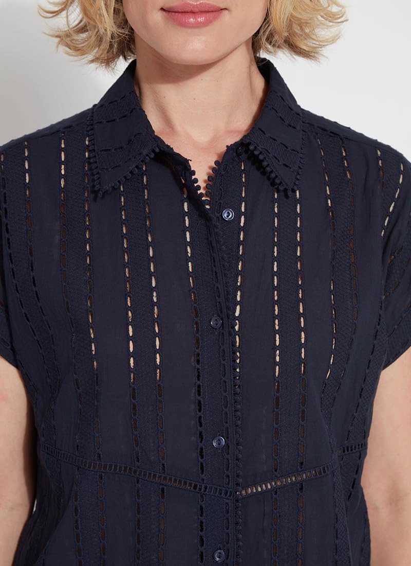 Lyssé Cornet Eyelet Blouse – Short Sleeve Button Down Shirt with Lightweight Cotton with Eyelet Embroidery Details