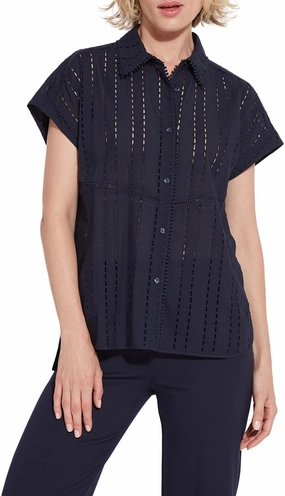 Lyssé Cornet Eyelet Blouse – Short Sleeve Button Down Shirt with Lightweight Cotton with Eyelet Embroidery Details