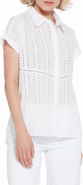 Lyssé Cornet Eyelet Blouse – Short Sleeve Button Down Shirt with Lightweight Cotton with Eyelet Embroidery Details